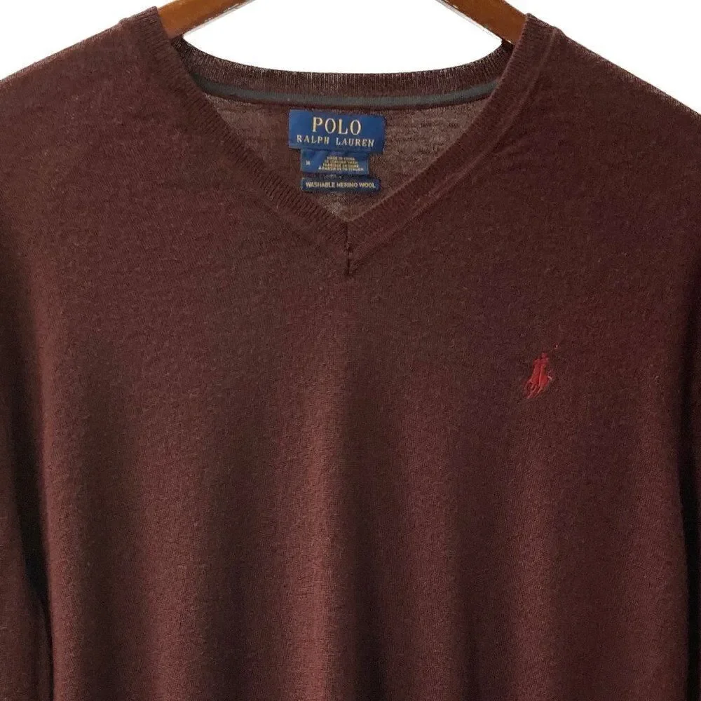 Polo Ralph Lauren Maroon Washable Merino Wool V-Neck Sweater Size Medium